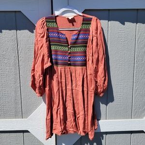 Umgee USA Orange/Rust Aztec Tunic Blouse Dress Women's Size Large